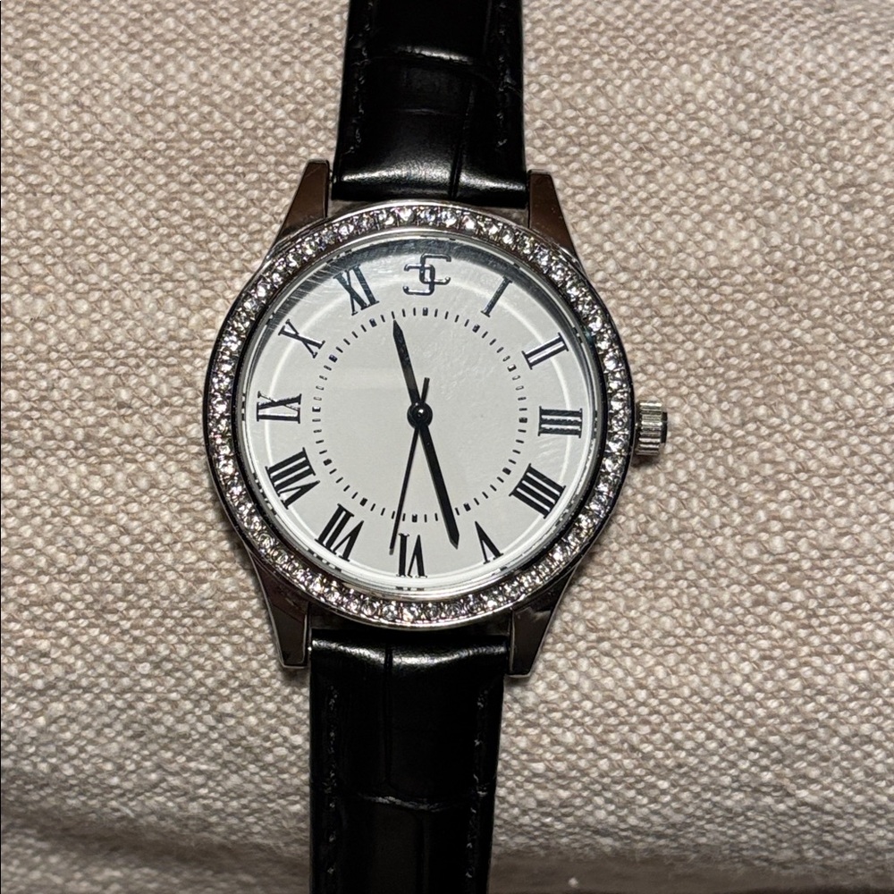 Chico's Watch, Silver Crystal Embedded Bezel, Black Leather Strap - New Battery